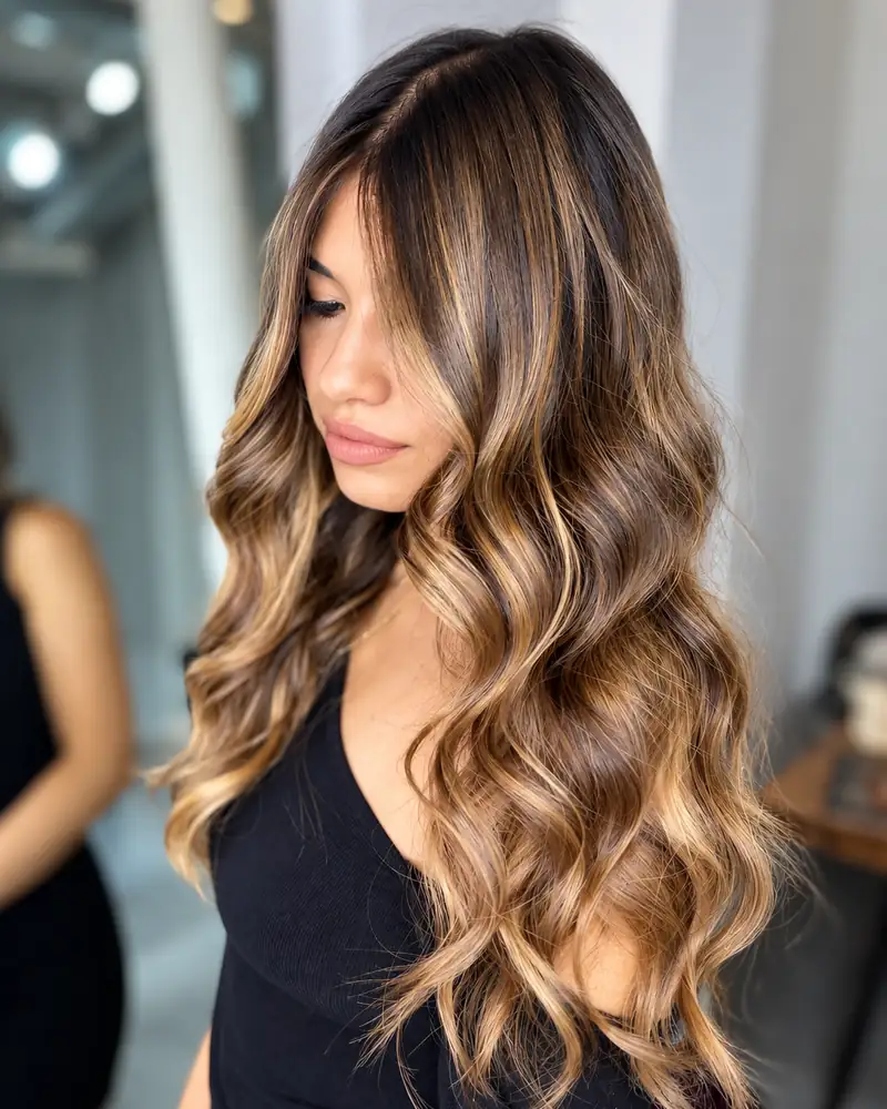 Ondas caramelo con balayage cálido